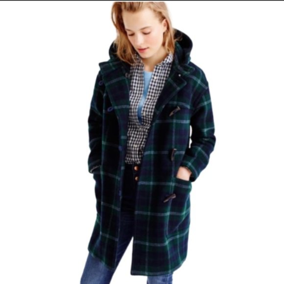 J. Crew Tartan Plaid Hooded Wool Toggle Coat